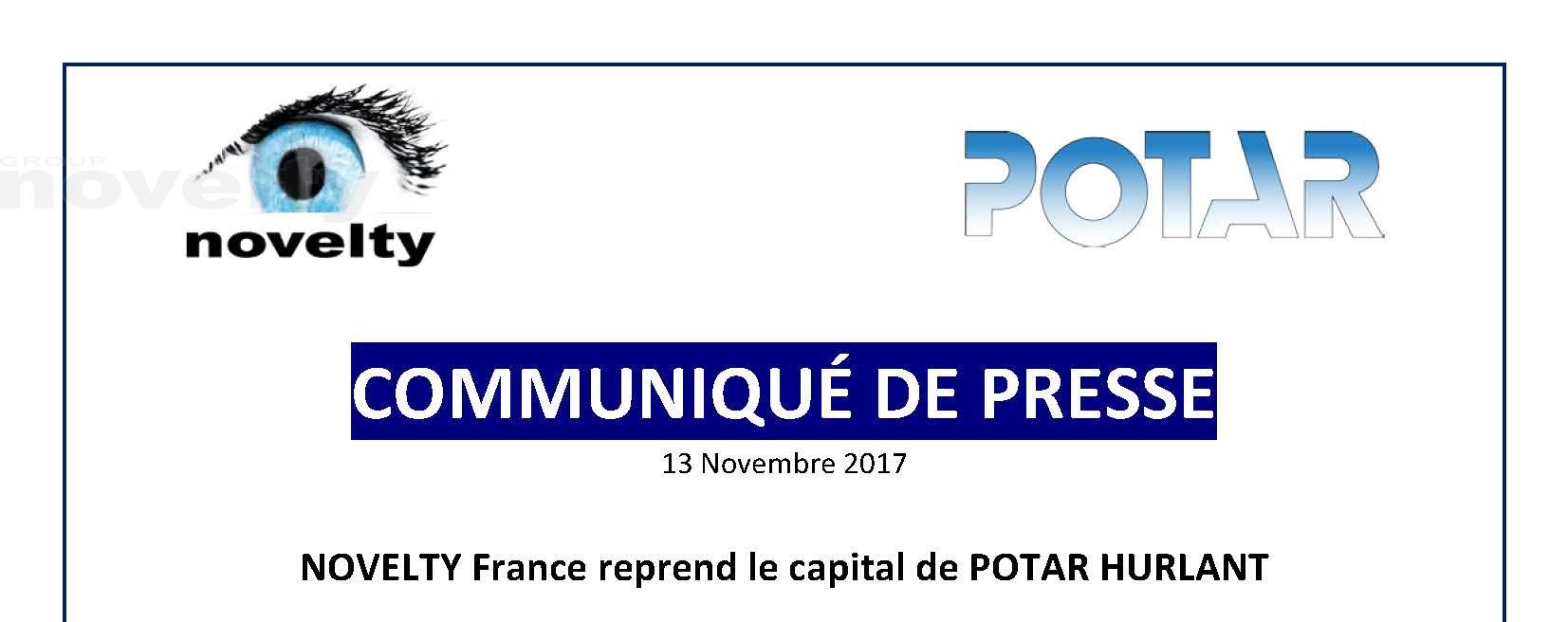 Visuel NOVELTY France reprend le capital de POTAR HURLANT